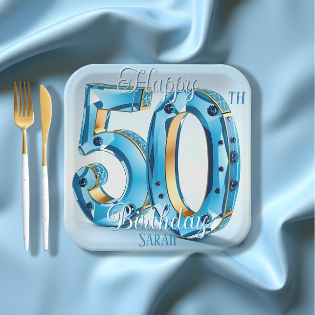 Elegant Blue and Gold Gemstone 50th Birthday Paper Plates (Creator Uploaded)