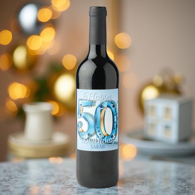 Elegant Blue and Gold Gemstone 50th Birthday Wine Label (Creator Uploaded)