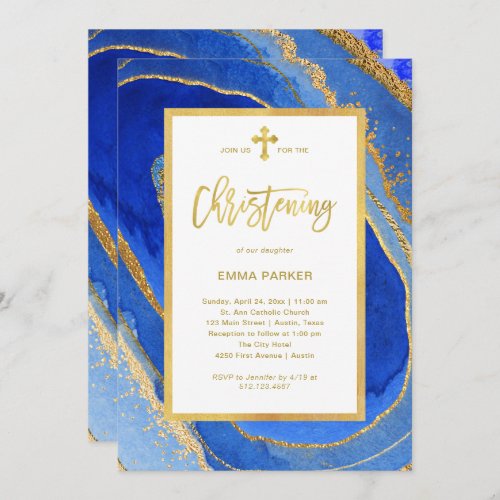 Elegant Blue and Gold Geode  Christening Invitation