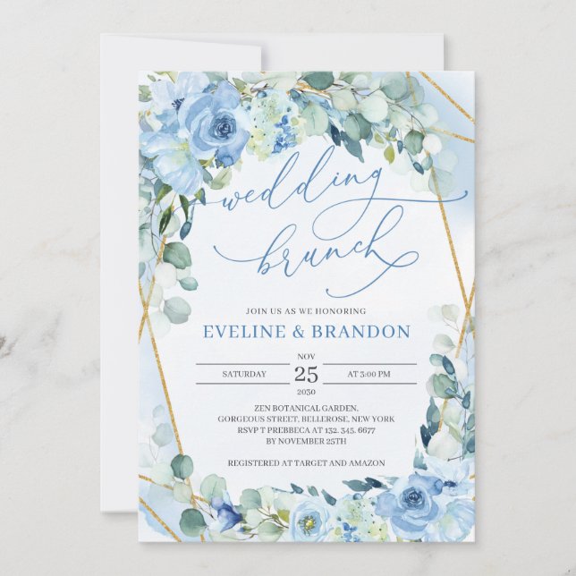 Elegant Blue and Gold Geometric Frame Wedding Invitation (Front)