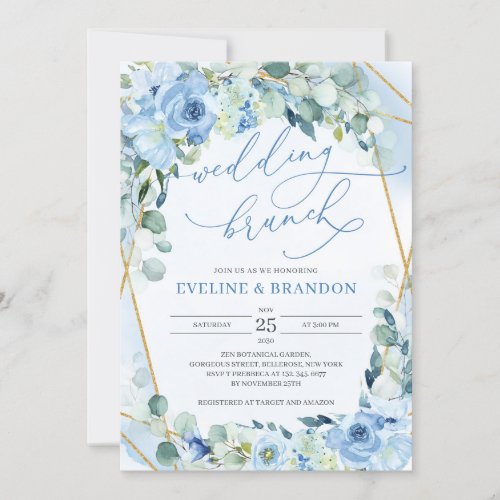 Elegant Blue and Gold Geometric Frame Wedding Invitation