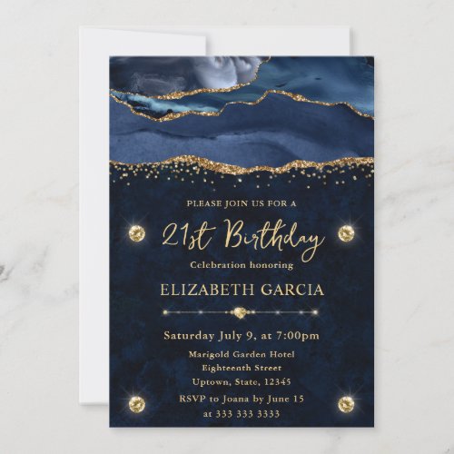 Elegant Blue and Gold Glitter Agate 21st Birthday Invitation