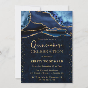 Elegant Blue and Gold Glitter Agate Quinceanera Invitation