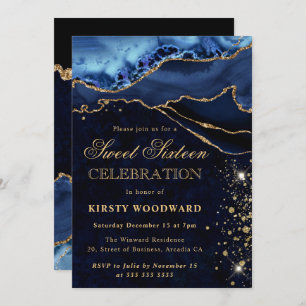 Elegant Blue and Gold Glitter Agate Sweet 16 Invitation