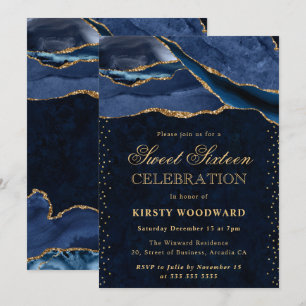 Elegant Blue and Gold Glitter Agate Sweet 16 Invitation