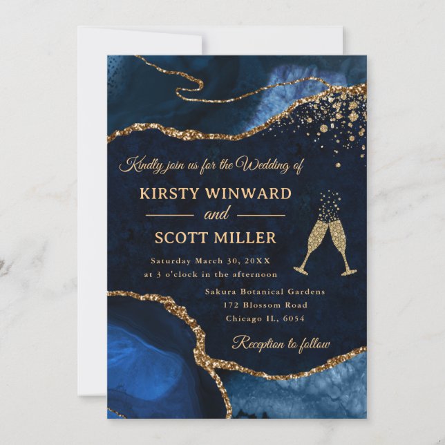 Elegant Blue and Gold Glitter Agate Wedding Invitation (Front)