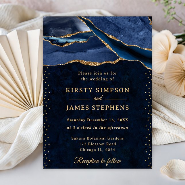 Elegant Blue and Gold Glitter Agate Wedding Invitation (Creator Uploaded)