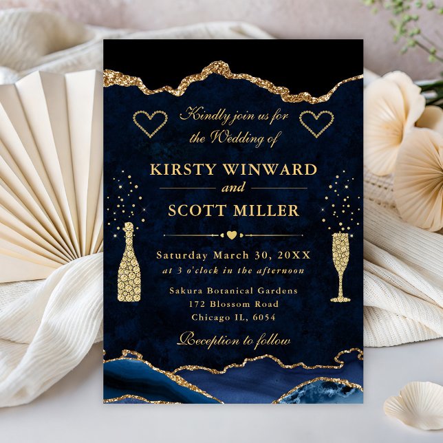 Elegant Blue and Gold Glitter Agate Wedding Invitation (Creator Uploaded)