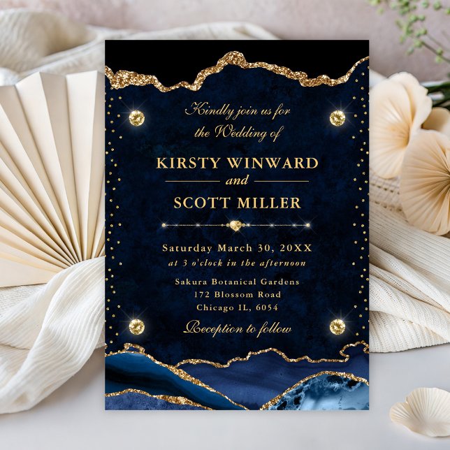Elegant Blue and Gold Glitter Agate Wedding Invitation (Creator Uploaded)