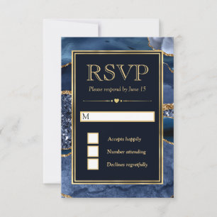 Elegant Blue and Gold Glitter Agate Wedding RSVP Card