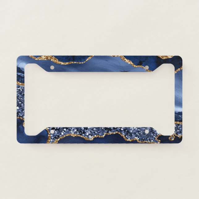 Elegant Blue and Gold Glitter Ocean Agate License Plate Frame (Front)
