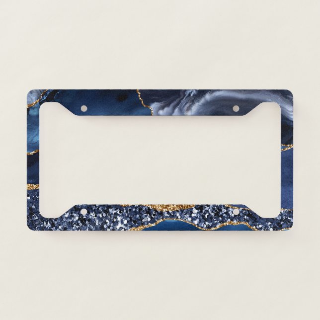 Elegant Blue and Gold Glitter Ocean Agate License Plate Frame (Front)