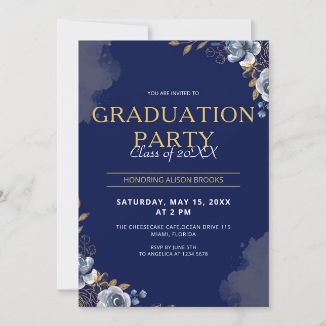 Elegant Blue and Gold Graduation Invitation (Front)