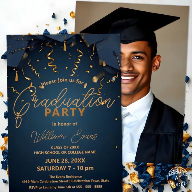 Elegant Blue and Gold Graduation Party with Photo Invitation (Creator Uploaded)