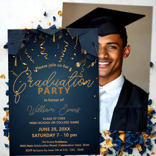 Elegant Blue and Gold Graduation Party with Photo Invitation