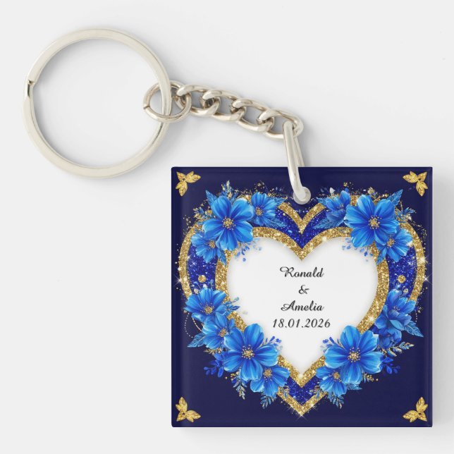 Elegant Blue and Gold Heart Frame Keychain (Front)