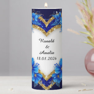 Elegant Blue and Gold Heart Frame Pillar Candle