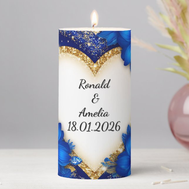 Elegant Blue and Gold Heart Frame Pillar Candle (In Situ)