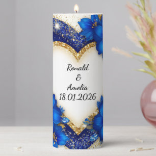 Elegant Blue and Gold Heart Frame Pillar Candle