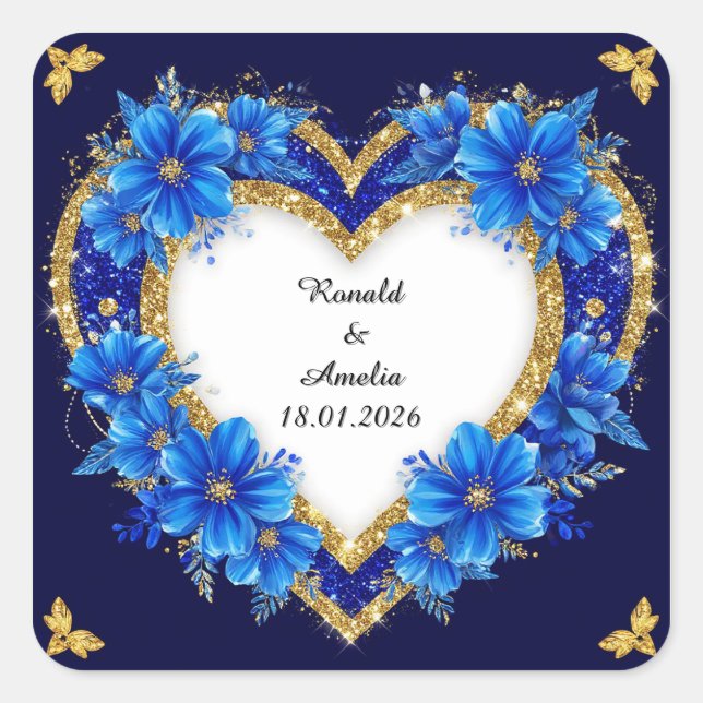 Elegant Blue and Gold Heart Frame Square Sticker (Front)