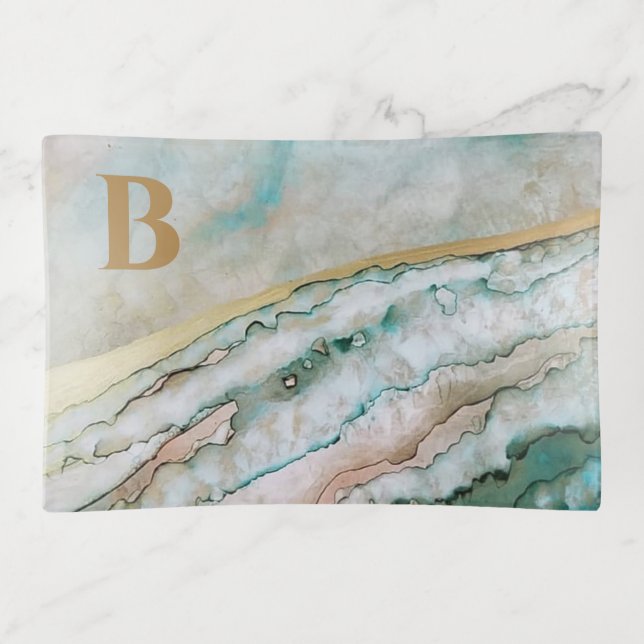 Elegant Blue and Gold Ink Design Monogram Trinket Tray (Front)