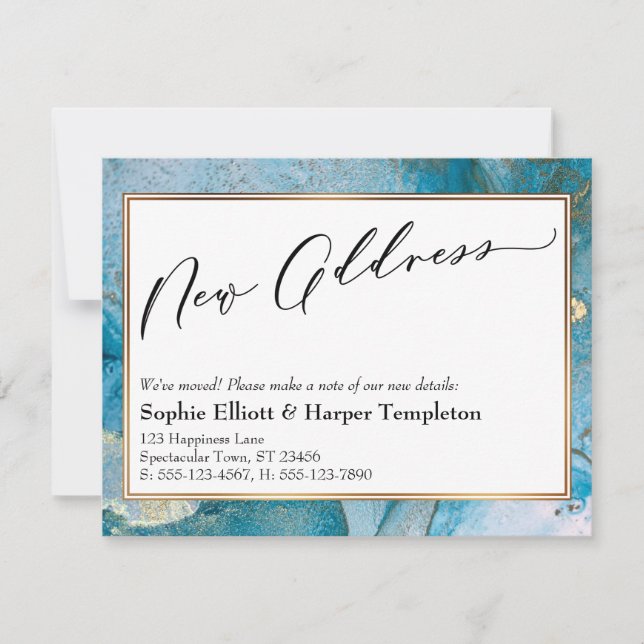 Elegant Blue and Gold Ink New Address Announcement (Front)