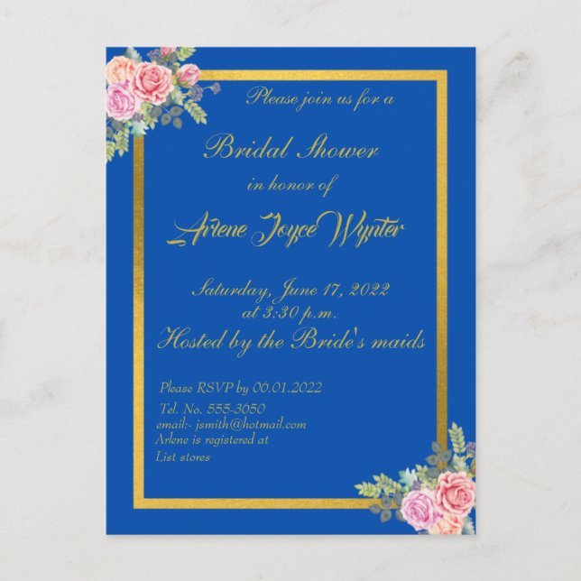 Elegant Blue and Gold Invitation Postcard (Front)