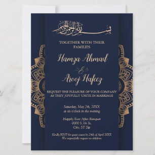 Elegant Blue and Gold Islamic Muslim Wedding Invitation