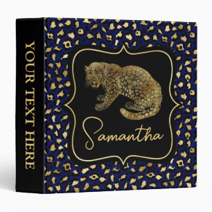 Elegant Blue and Gold Leopard and Spots Pattern 3 Ring Binder