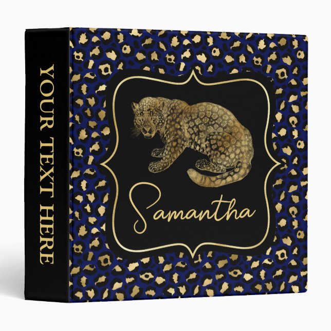 Elegant Blue and Gold Leopard and Spots Pattern 3 Ring Binder (Front/Spine)