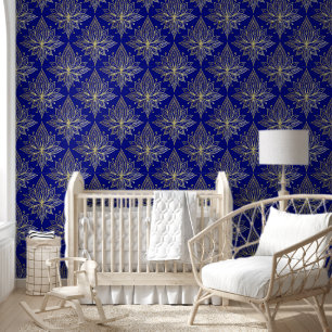Elegant Blue and Gold Lotus Damask Wallpaper