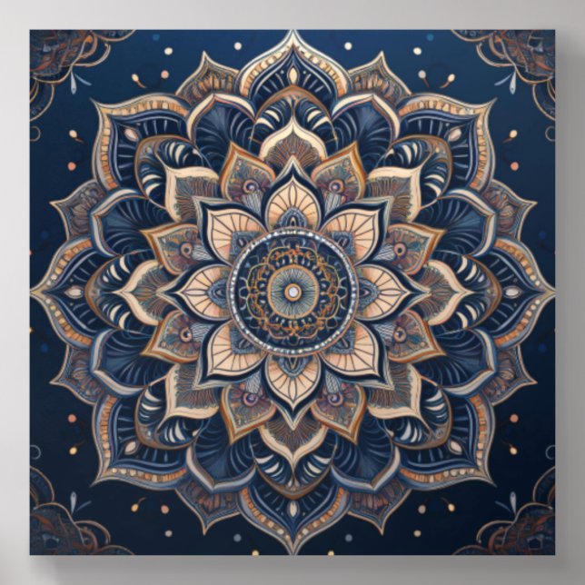 Elegant Blue and Gold Mandala Art Acrylic Photo Tile (Front Set)
