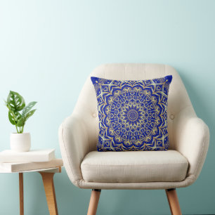 Elegant Blue and Gold Mandala Boho Throw Pillow