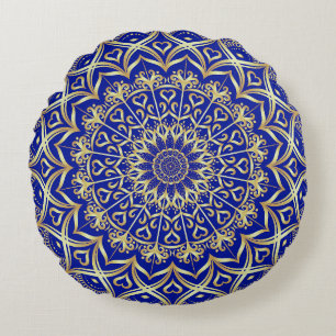 Elegant Blue and Gold Mandala Decorative Round Pillow