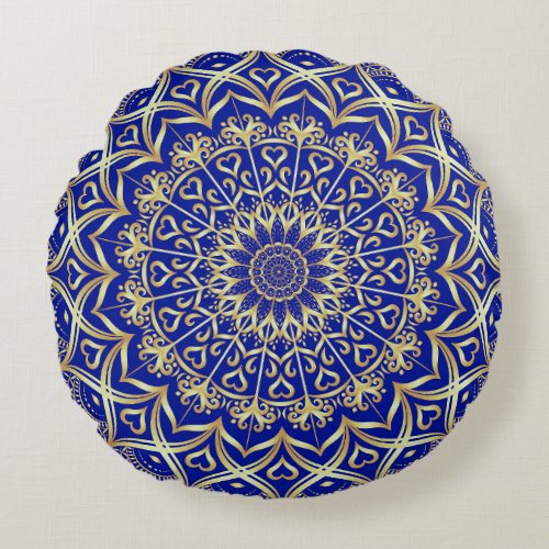 Elegant Blue and Gold Mandala Decorative Round Pillow