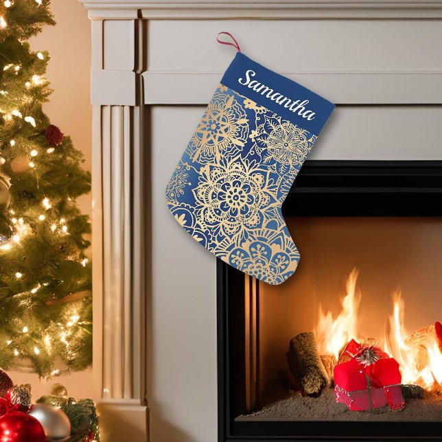 Elegant Blue and Gold Mandala Pattern Small Christmas Stocking (Creator Uploaded)