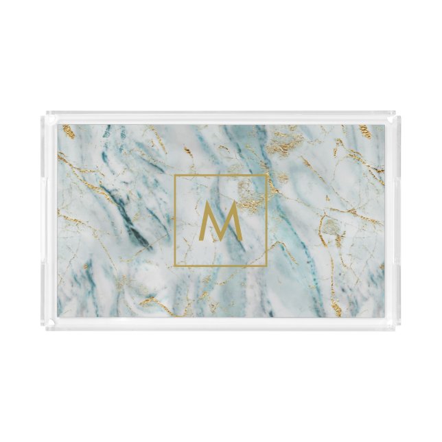 Elegant Blue and Gold Marble Monogram Acrylic Tray (Front)