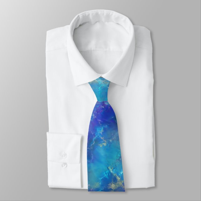 Elegant Blue And Gold Marble Pattern Neck Tie (Tied)
