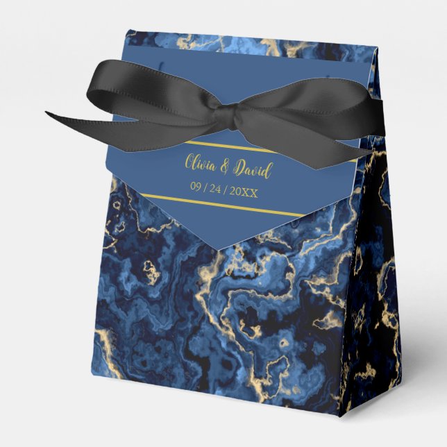 Elegant Blue And Gold Marble Wedding Favor Box (Front Side)