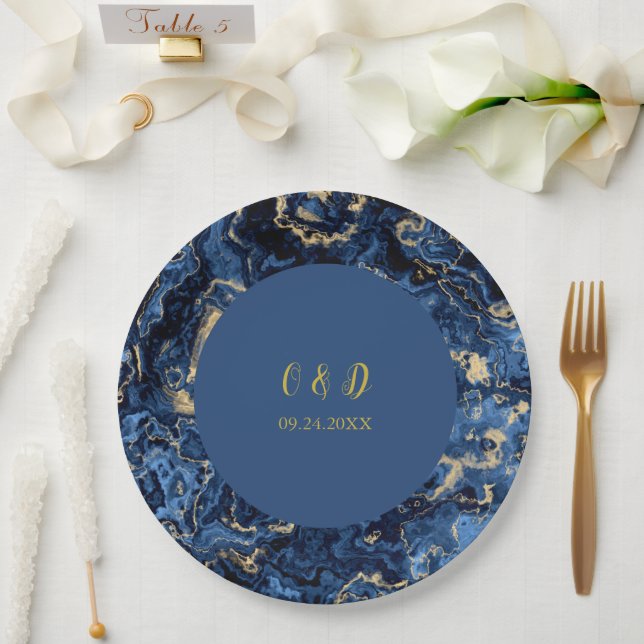 Elegant Blue And Gold Marble Wedding Paper Plates (Wedding)