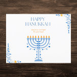 Elegant Blue and Gold Menorah Hanukkah Holiday Postcard<br><div class="desc">Celebrate the Festival of Lights with this beautiful Hanukkah postcard. Featuring a striking blue and gold menorah, this card brings warmth and joy to your Hanukkah greetings. The intricate floral details in the corners add a touch of elegance, making it a perfect way to wish your loved ones love and...</div>
