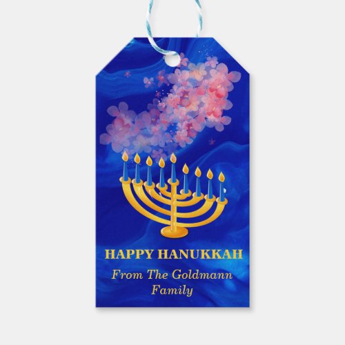 Elegant Blue And Gold Menorah Happy Hanukkah  Gift Tags