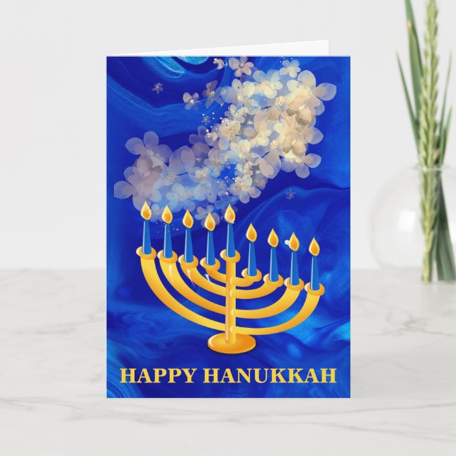 Elegant Blue And Gold Menorah Happy  Hanukkah  Holiday Card (Front)