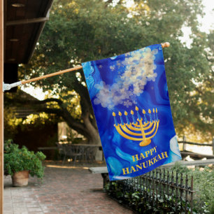 Elegant Blue And Gold Menorah Happy Hanukkah House Flag