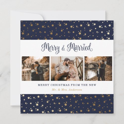Elegant Blue and Gold Merry and Married Christmas Holiday Card