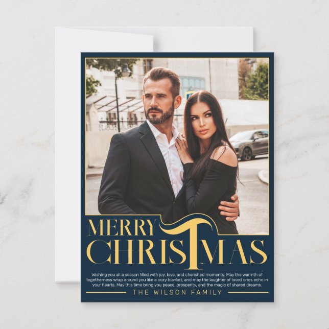 Elegant Blue and Gold Merry Christmas Family Photo Holiday Card (Front)
