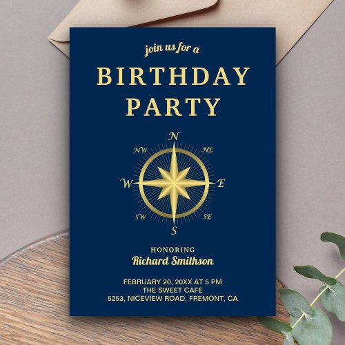 Elegant Blue and Gold Nautical Compass Birthday Invitation