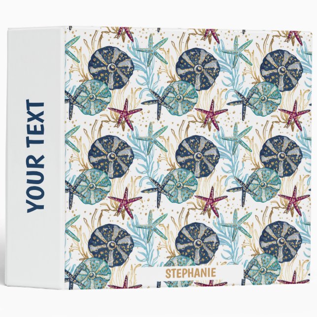 Elegant Blue and Gold Ocean Treasures Pattern 3 Ring Binder (Front/Spine)
