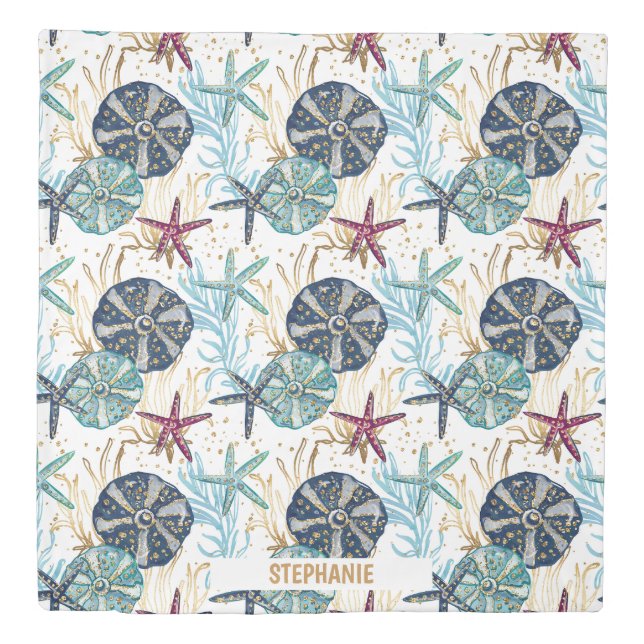 Elegant Blue and Gold Ocean Treasures Pattern Duvet Cover (Front)