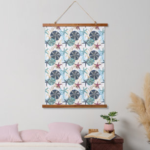 Elegant Blue and Gold Ocean Treasures Pattern Hanging Tapestry